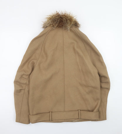 H&M Women Beige Wool Blend Biker Jacket Size 8 with Fur Collar