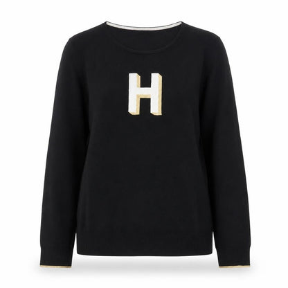 Oliver Bonas Womens Black L Crew Neck Pullover Jumper with Gold H