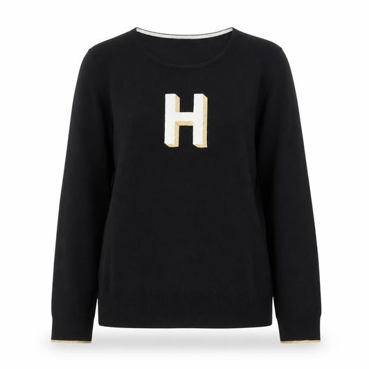 Oliver Bonas Womens Black L Crew Neck Pullover Jumper with Gold H
