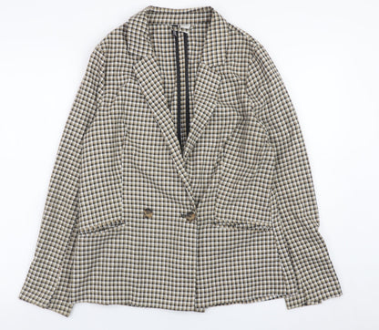 H&M Women Beige Check Blazer Jacket Size S Classic Mid-Length