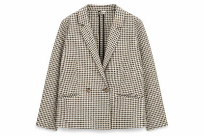 H&M Women Beige Check Blazer Jacket Size S Classic Mid-Length