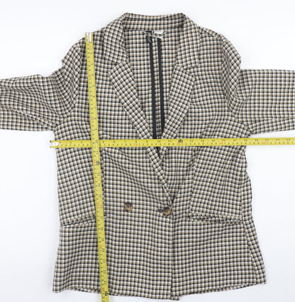 H&M Women Beige Check Blazer Jacket Size S Classic Mid-Length