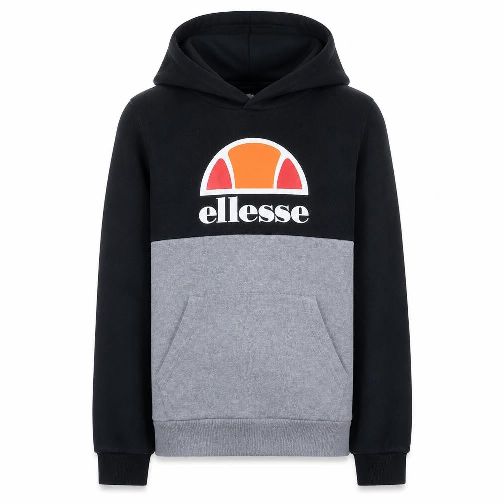 Front view of Ellesse boys’ black & grey pullover hoodie 12-13 years colourblock logo style