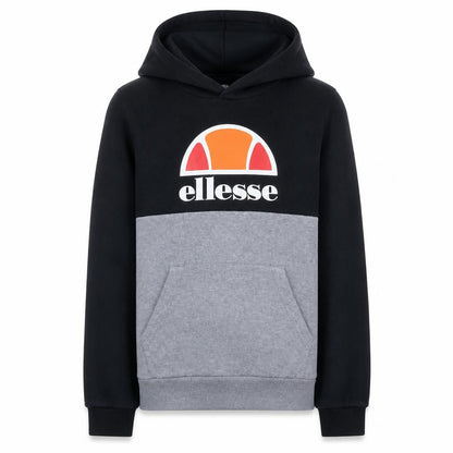 Front view of Ellesse boys’ black & grey pullover hoodie 12-13 years colourblock logo style
