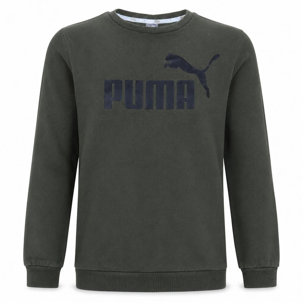 Front view of Puma boys’ green crew neck sweatshirt, size 14, years fleece logo pullover