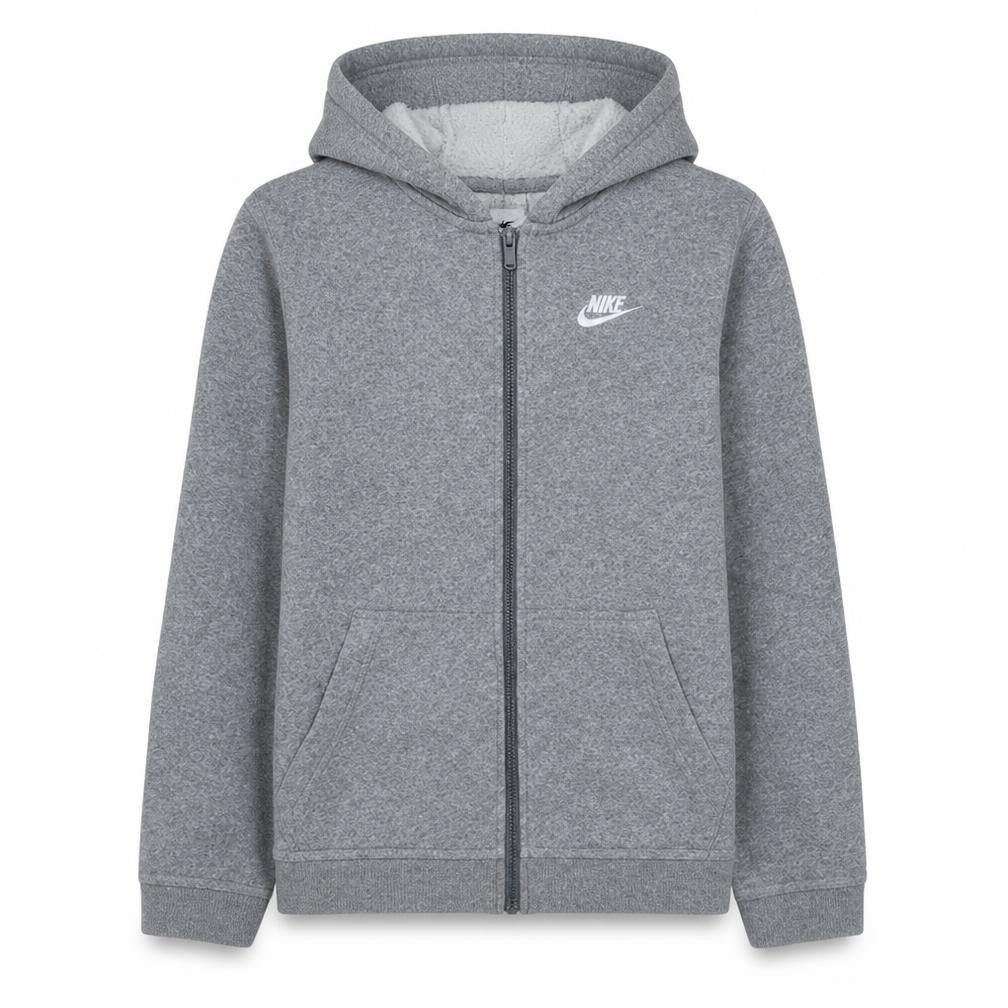 Front view of Nike boys’ grey full zip hoodie xl 158-170cm fleece lined sweatshirt