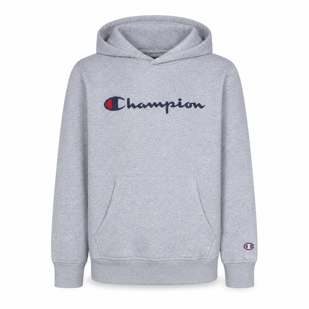 Front view of Champion boys’ grey pullover hoodie 13-14 years logo fleece sweatshirt