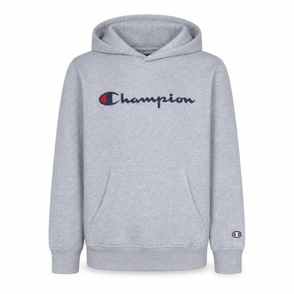Front view of Champion boys’ grey pullover hoodie 13-14 years logo fleece sweatshirt