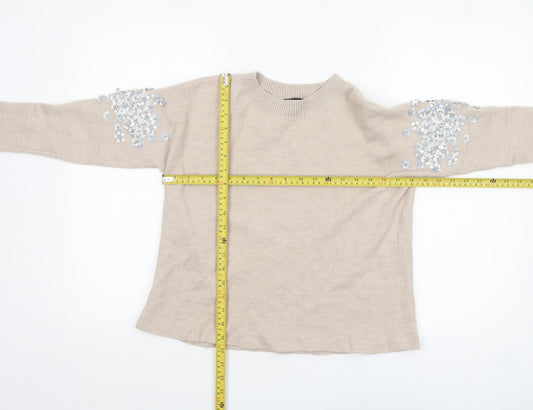 J.Crew Women's Beige Sequin Embellished Crew Neck Wool Blend Jumper Size S