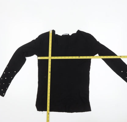 Zara Women Black Viscose Beaded Sleeve V-Neck Jumper Size S