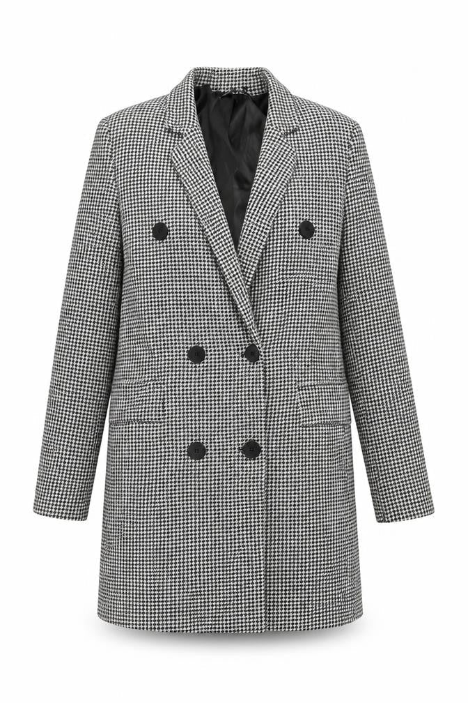 boohoo Women Black Houndstooth Double-Breasted Blazer Size 10