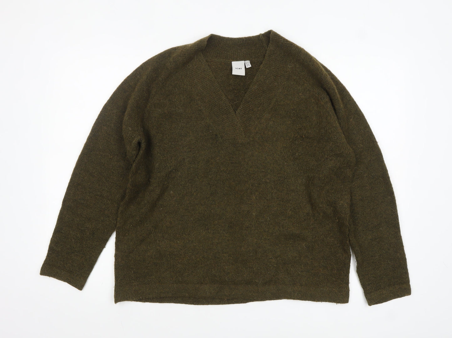 ICHI Women Green V-Neck Long Sleeve Pullover Jumper Size L