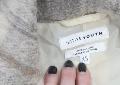Native Youth Women Beige Checked Wool Cropped Bomber Jacket XS