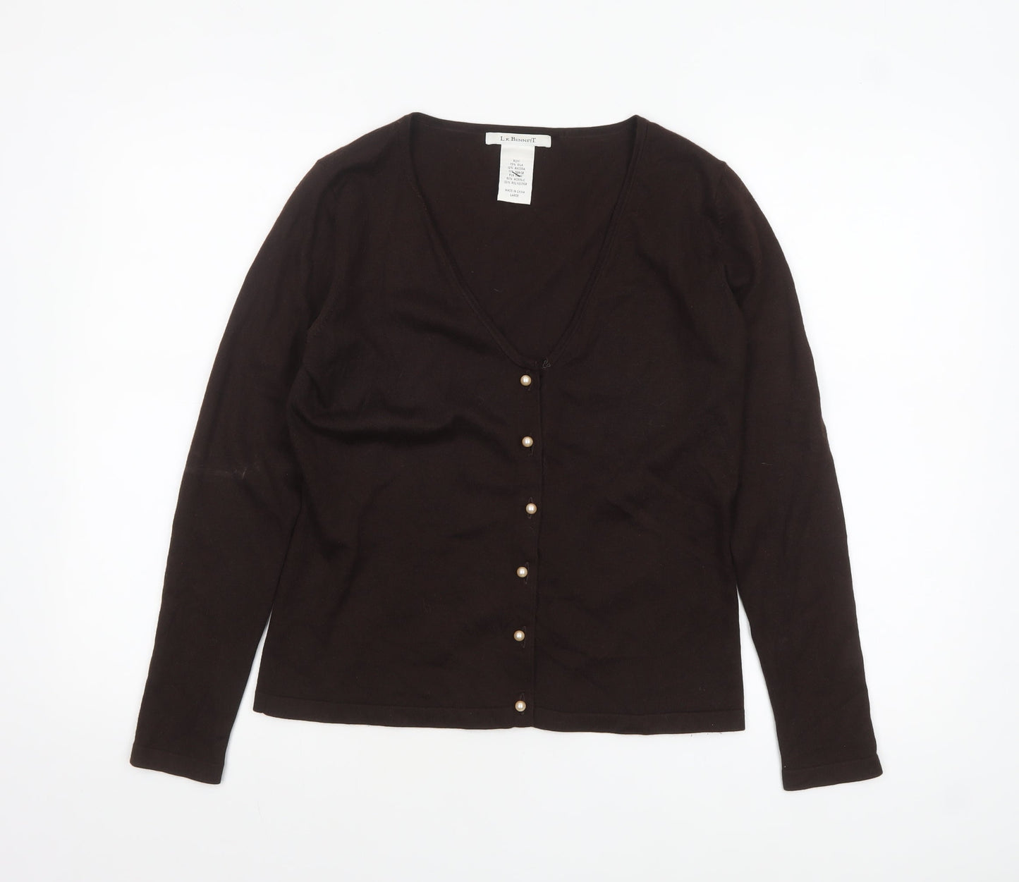 L.K. Bennett Women's Brown Silk Angora V-Neck Cardigan Size L