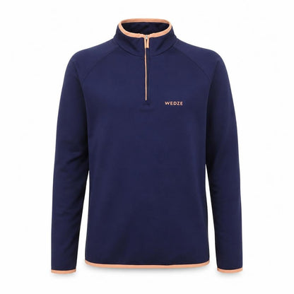 Front view of Wedze girls’ blue 14 years 1/4 zip long sleeve ski top