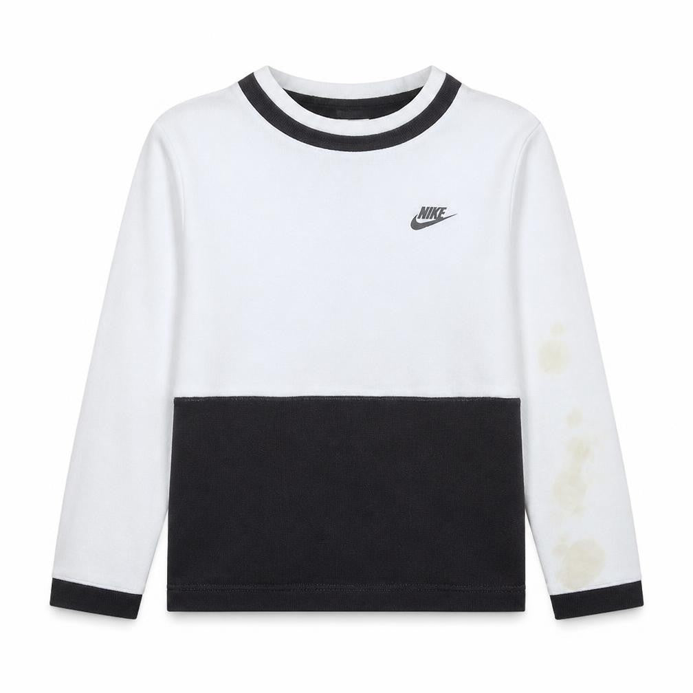 Front view of Nike boys’ white & black long sleeve sweatshirt l 147-158cm crew neck