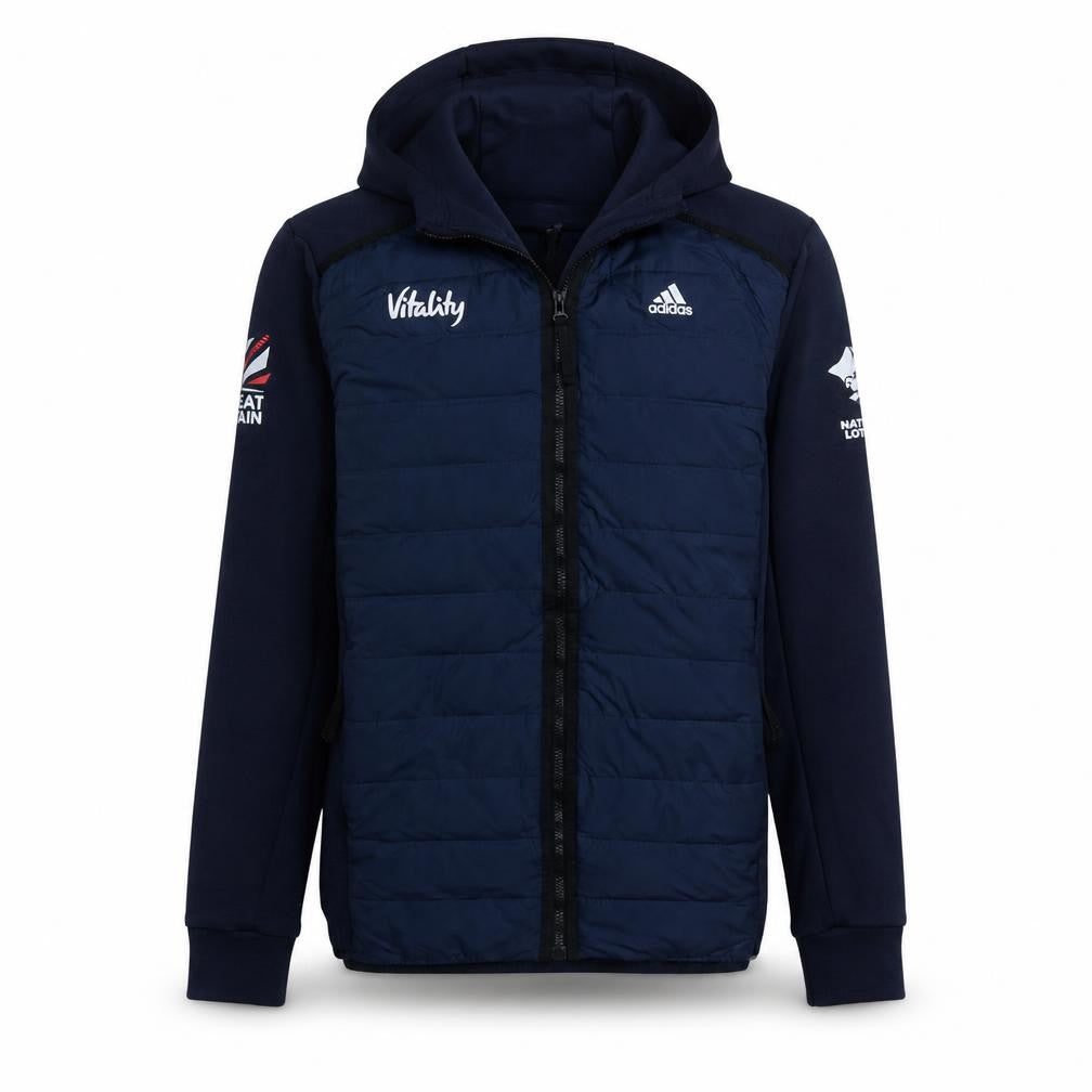 Front view of Adidas Teens Blue Full Zip Hooded Quilted Sports Hoodie 164