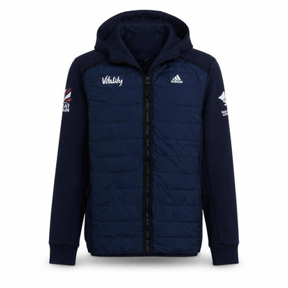 Front view of Adidas Teens Blue Full Zip Hooded Quilted Sports Hoodie 164