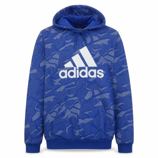 Front view of Adidas Men's Blue Pullover Hoodie, size M, Sports Fleece Logo