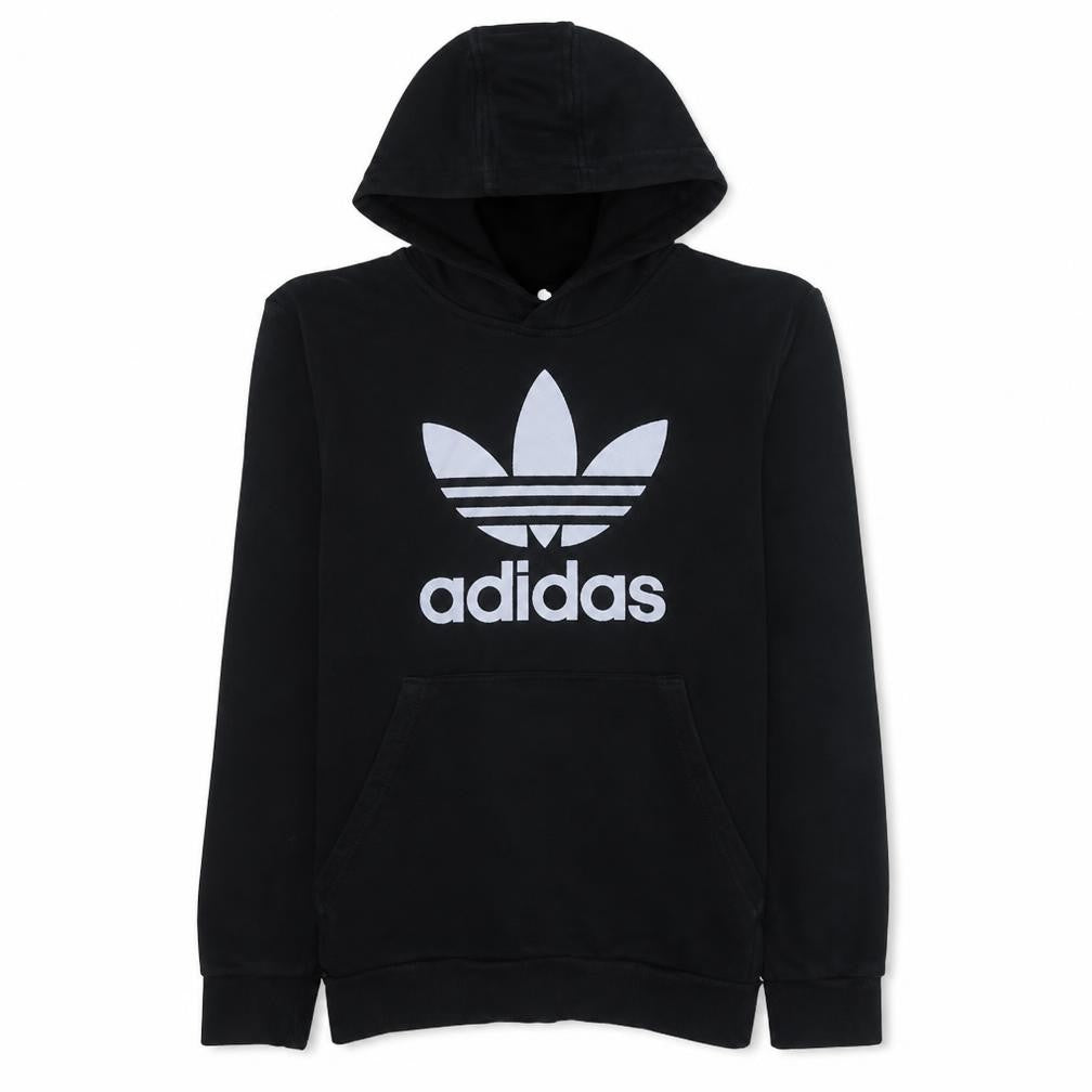 Front view of Adidas boys’ black pullover fleece hoodie 13-14 years regular fit