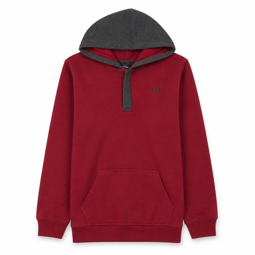 Front view of Lee Cooper boys’ red & grey henley hoodie, size 13, years cotton blend