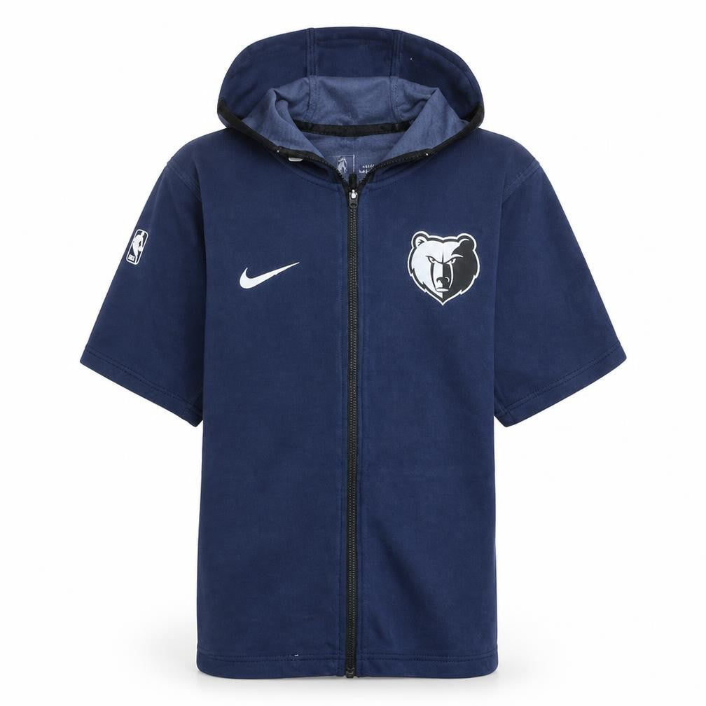 Front view of Nike boys’ blue full zip hooded short sleeve basketball hoodie l 14-15 yrs