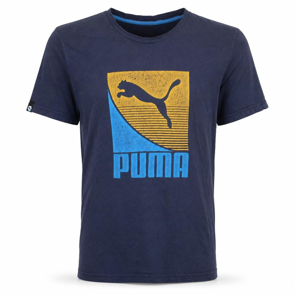 Front view of Puma Men's Blue Graphic Print Crew Neck Cotton T-Shirt, size L