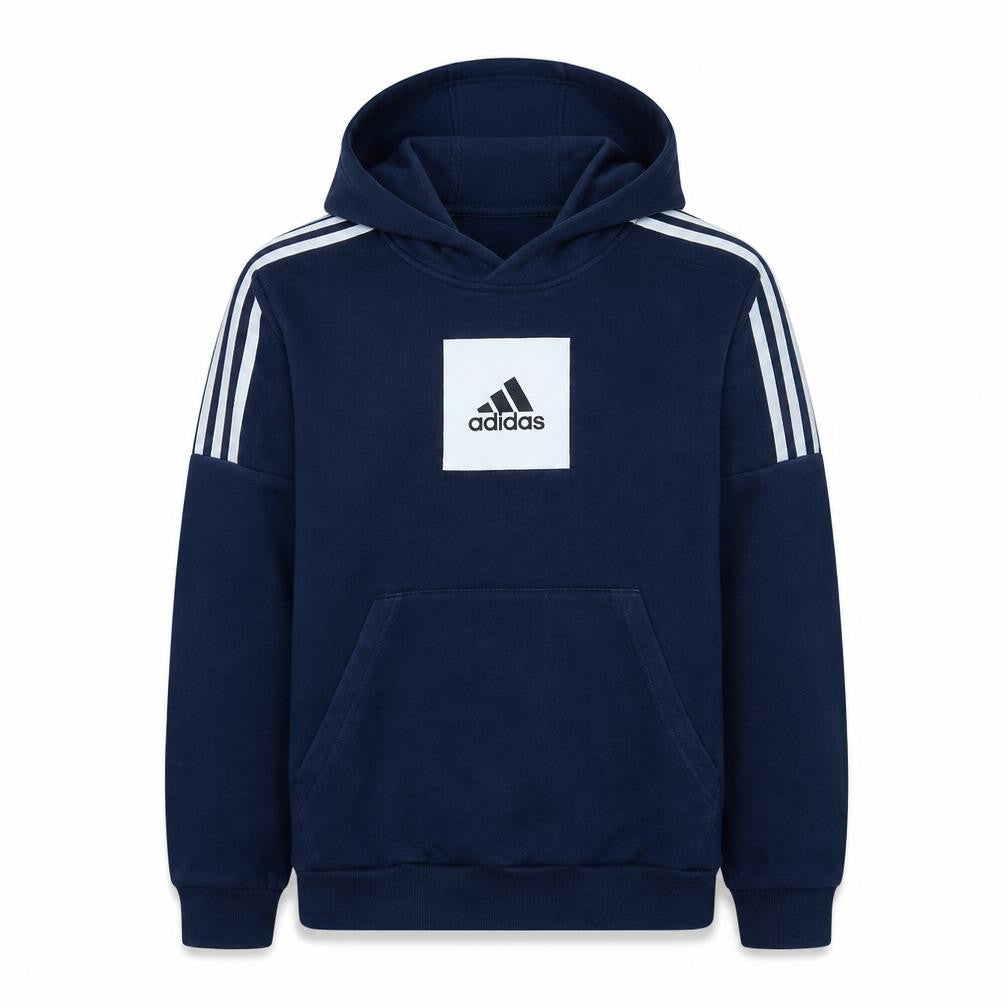 Front view of Adidas boys’ blue pullover hoodie sweatshirt, size 13-14, years cotton blend