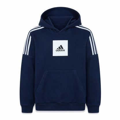 Front view of Adidas boys’ blue pullover hoodie sweatshirt, size 13-14, years cotton blend