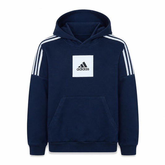 Front view of Adidas boys’ blue pullover hoodie sweatshirt, size 13-14, years cotton blend