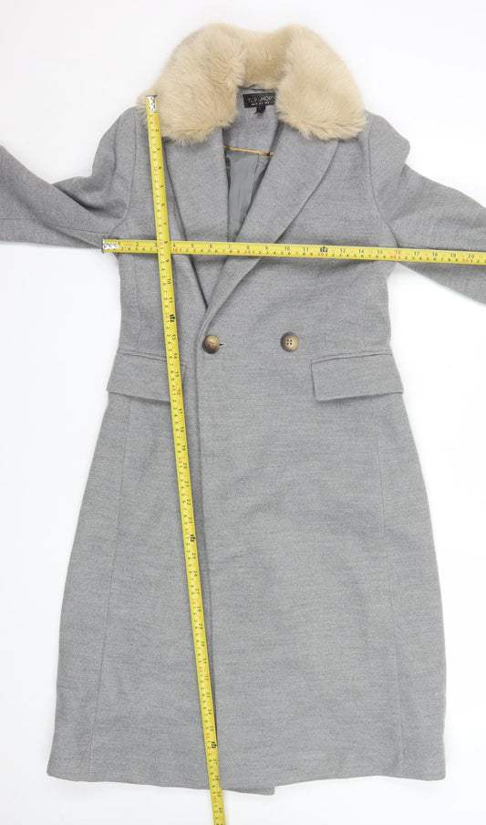 Topshop Womens Grey Faux Fur Collar Long Coat Size 6