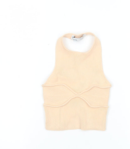 Womens UK Size XS Bershka Beige Cropped Tank