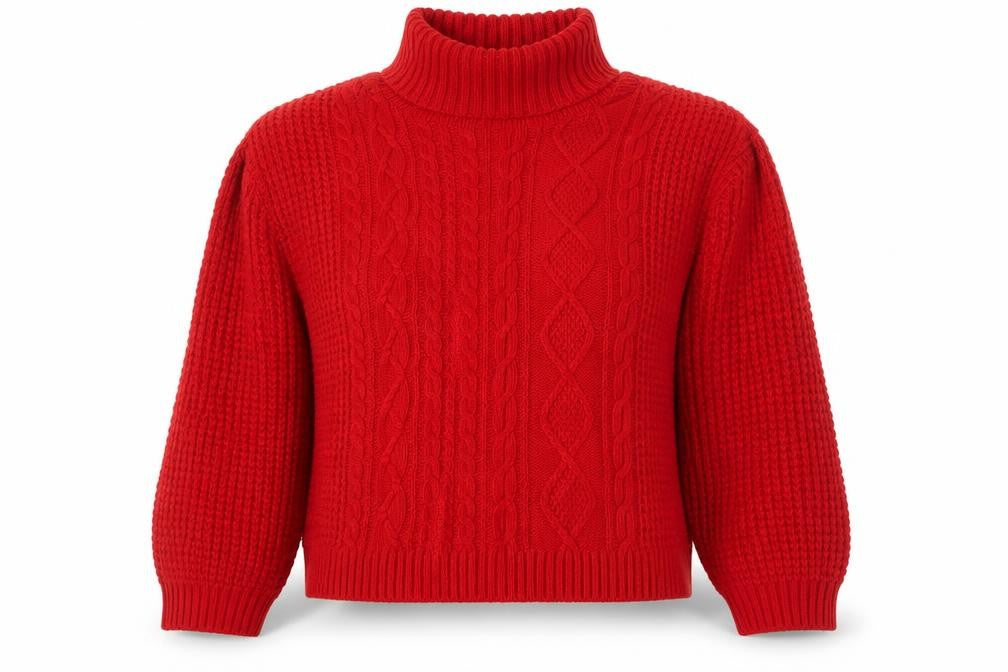 Front view of Jacamo unisex red roll neck cable knit jumper xl