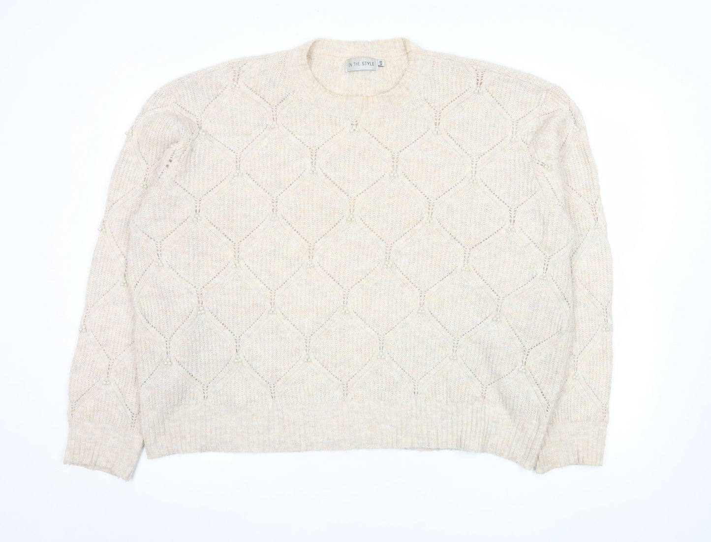 In The Style Women's Beige Beaded Knit Pullover Jumper Size 14