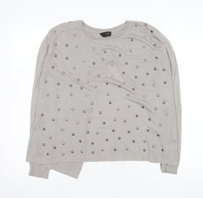 Topshop Women Grey Beaded Knit Long Sleeve Blouse UK 8