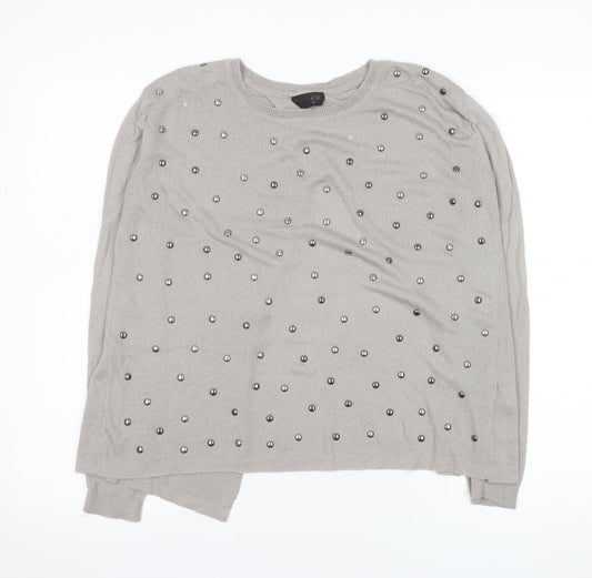 Topshop Women Grey Beaded Knit Long Sleeve Blouse UK 8