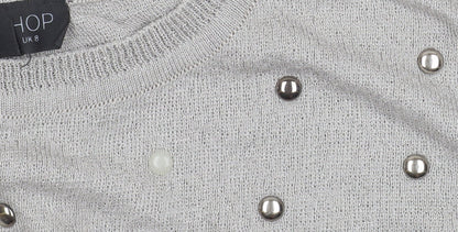 Topshop Women Grey Beaded Knit Long Sleeve Blouse UK 8