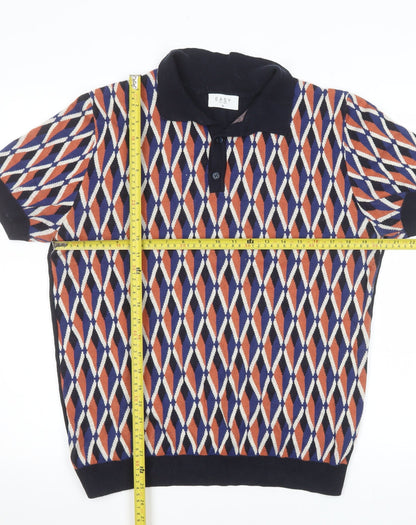 EASY Men's Blue Orange Diamond Knit Polo Shirt Size M 100% Cotton