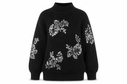 Next Women Black Sequin Floral Mock Neck Ribbed Jumper Size 12