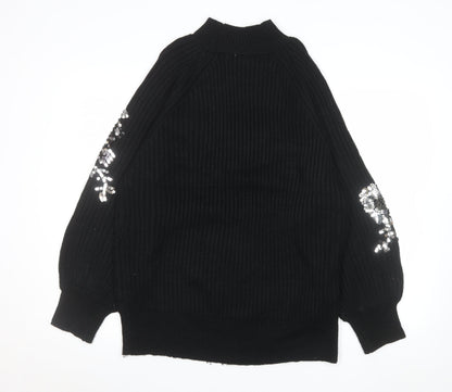 Next Women Black Sequin Floral Mock Neck Ribbed Jumper Size 12