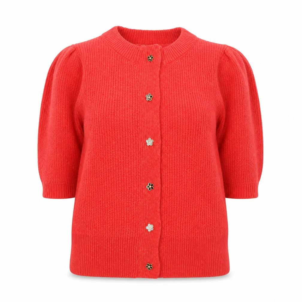 George Women's Red Short Sleeve Puff Knit Cardigan Size S
