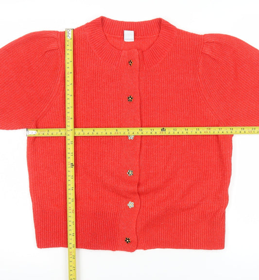 George Women's Red Short Sleeve Puff Knit Cardigan Size S