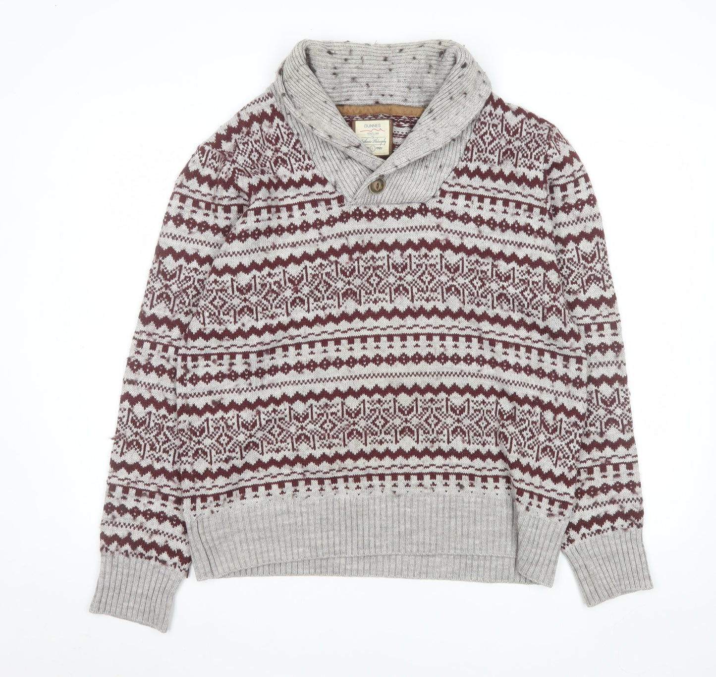 Dunnes Mens Grey Fair Isle Shawl Neck Jumper Size L