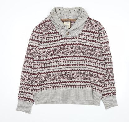 Dunnes Mens Grey Fair Isle Shawl Neck Jumper Size L