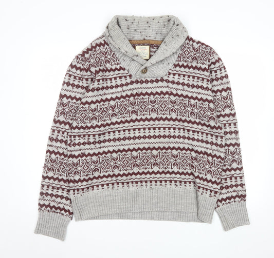 Dunnes Mens Grey Fair Isle Shawl Neck Jumper Size L