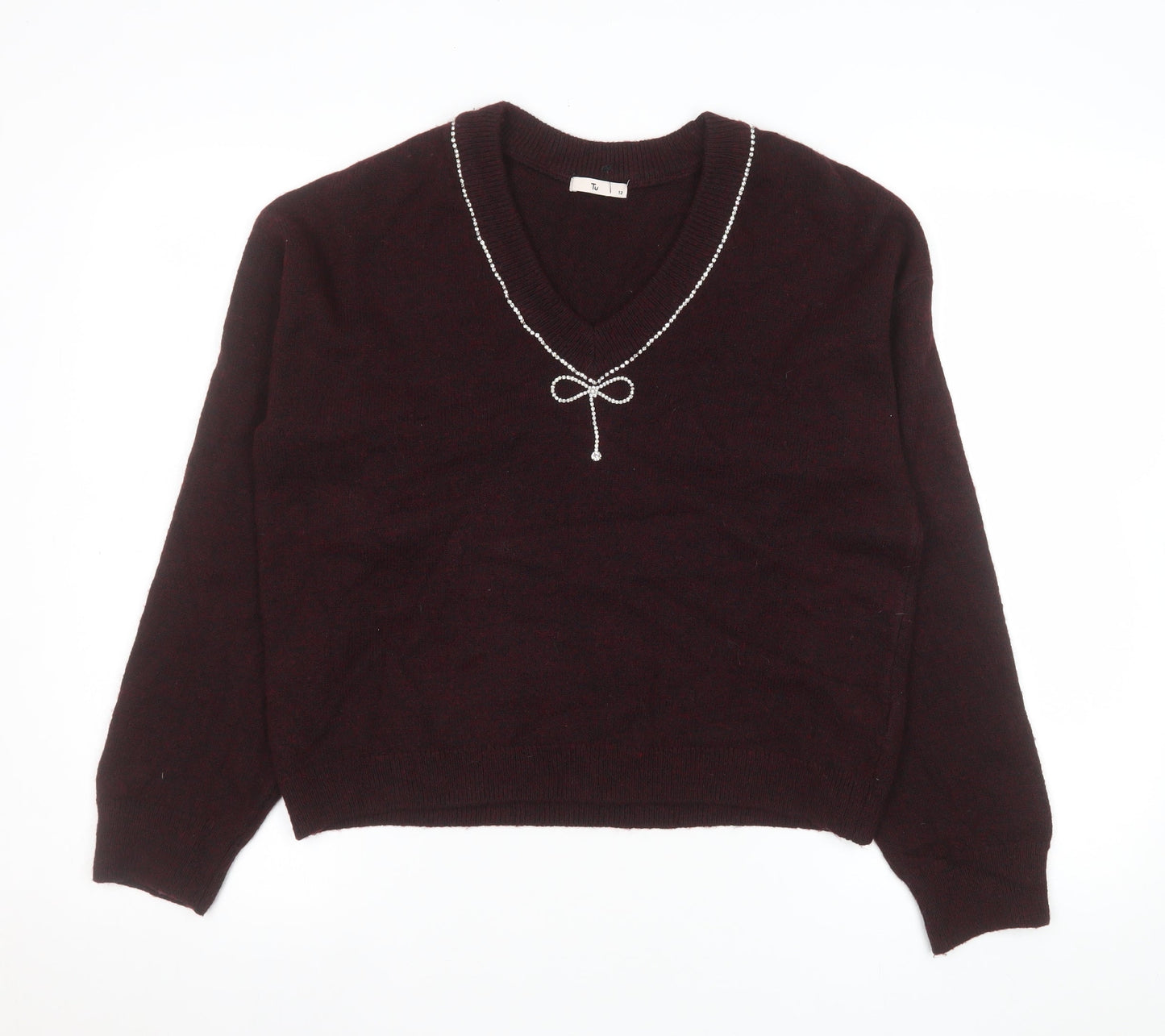 Tu Women Brown V-Neck Beaded Bow Knit Jumper Size 12