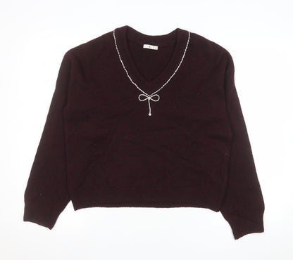 Tu Women Brown V-Neck Beaded Bow Knit Jumper Size 12