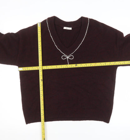 Tu Women Brown V-Neck Beaded Bow Knit Jumper Size 12
