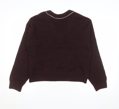 Tu Women Brown V-Neck Beaded Bow Knit Jumper Size 12