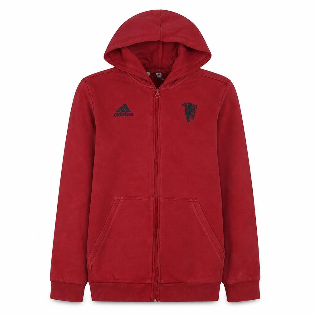 Front view of Adidas boys’ red full zip hoodie 15-16 years manchester united design
